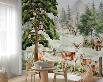 May include: A watercolor mural depicting a woodland scene with a variety of animals, including deer, foxes, owls, raccoons, and bears. The mural is painted in shades of green, brown, and blue, and features a large tree in the center.