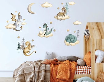 Dragon wall decal, Nursery wall decal, Watercolor animals wall sticker, Fairy wall decal, Boys room decal