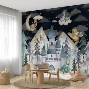 Carta da parati per bambini con drago, castello delle fate, cielo e nuvole, alberi della foresta, murale per bambini, acquerello, stacca e attacca