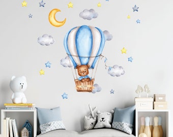 Teddybeer Kwekerij muursticker, Heteluchtballon, Muursticker voor kinderen, Aquarel dieren muurdecor, Baby jongen muursticker