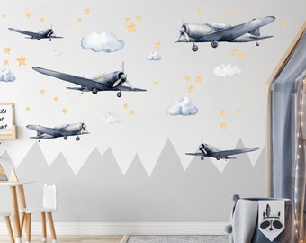 Airplane wall decal, Nursery Watercolor Hot Air Balloons wall stickers, Kids wall decal, Boys bedroom wall sticker, Toddler wall decor