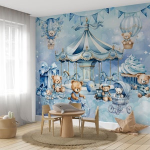 Carta da parati per bambini con mongolfiera blu, orsetto volante, aviatore, decorazione murale per la stanza dei ragazzi, cielo e nuvole