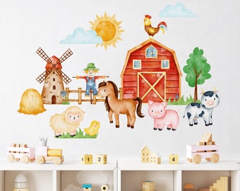 May include: A watercolor-style farm scene wall decal set featuring a red barn, windmill, animals, and a farmer. The set includes a cow, pig, sheep, chicken, and a horse. The decals are perfect for adding a touch of whimsy to a child's room.