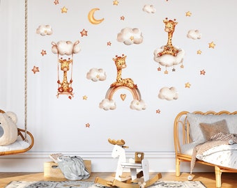Giraffe on the rainbow and clouds, Nursery wall decal, Watercolor safari animals, Wall stickers for kids, Gender neutral decals