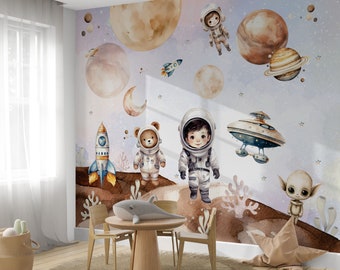 Ruimte en planeten kinderkamerbehang Astronaut Peel and Stick Muurschildering Kinderkamer Outer Space Rockets and Stars