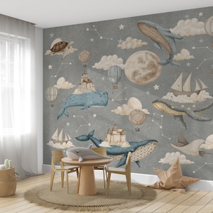 Carta da parati con balene e navi, murale per la cameretta dei bambini, arte murale con spazio e stelle