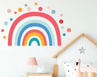 Rainbow wall decal, Nursery wall decal, Large Rainbow wall stickers, Polka dot wall decal, Pastel watercolor rainbow, Wall decal for kids