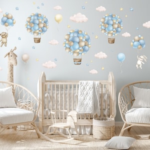Hot Air Balloon Nursery Wall decal, Personalized Name, Watercolor forest animals wall sticker, Wall decal for kids