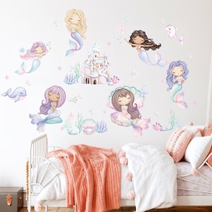 Mermaid nursery wall decal, Watercolor sea animals, Under the sea stickers, Fish wall stickers, Baby girl room decor