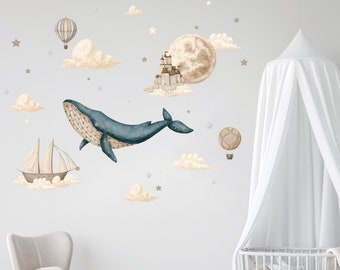 Montgolfière, Autocollant mural de pépinière, Autocollant mural baleine, Vie marine, Aquarelles, Lune et nuages, Décoration de chambre d’enfants