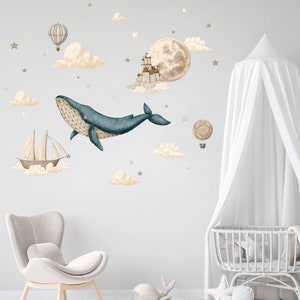 Hot air balloon, Nursery wall decal, Whale wall sticker, Sea life, Watercolor animals, Moon and clouds, Kids room decor