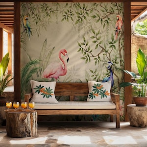 Carta da parati tropicale con fenicotteri, palme, animali della giungla, decorazione da parete per cameretta dei bambini, pavone, murale da staccare e attaccare