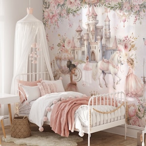 Papier peint princesse et château pour chambre d'enfant, royaume magique, conte de fées, papier peint autocollant, décoration murale pour chambre de filles, papier peint floral image 1