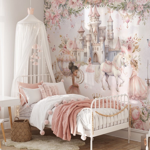 Princess And Castle Nursery Wallpaper Magic Kingdom Fairytale Peel And Stick Wall Mural Girls Room Wall Decor Floral Wallpaper