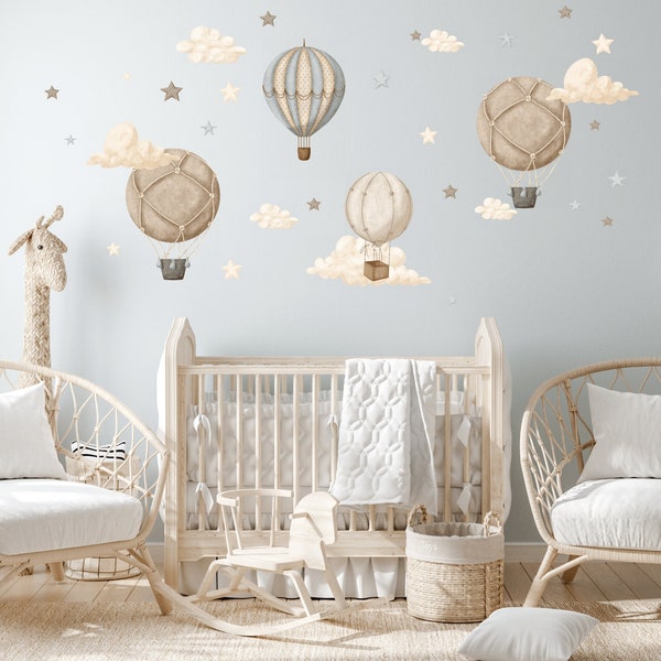 Hot air balloon Nursery wall decal, Clouds and stars wall sticker, Kids room wall decor