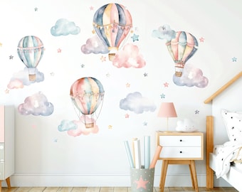 Calcomanía de pared para guardería con globos aerostáticos, pegatinas de pared con globos aerostáticos de acuarela, calcomanías de pared para niños, arte de pared con globos aerostáticos