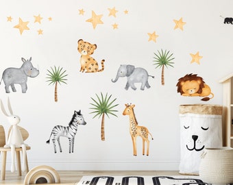 Animaux de safari Décalcomanie murale de pépinière, Autocollants muraux d’animaux de la jungle, Décalcomanie murale pour enfants, Décor de chambre d’animaux sauvages, Animal aquarelle