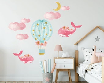 Hot air balloon Nursery wall decal Whales wall decal Watercolor stickers Baby girl room decor