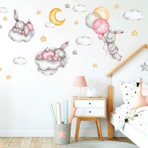 Bunny wall decal, Nursery wall sticker, Hot air balloon,  Watercolor sleeping animals, Forest animals, clouds and stars