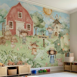Carta da parati personalizzata con animali da fattoria, decorazione murale per la cameretta dei bambini.