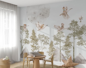 Bosdieren behang, kinderkamer muurschildering, bergen en bomen behang Peel And Stick