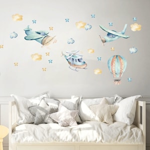 Hot air balloon, Nursery wall decal, Airplane wall decal,  Watercolor Wall stickers Kids room Boy decal