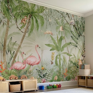 Carta da parati con animali del safari, decorazione da parete per cameretta dei bambini, animali della giungla ad acquerello, murale per cameretta dei bambini, staccabile e attaccabile