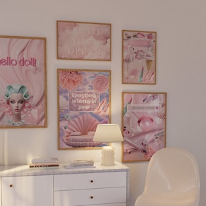 Set of 5 pink doll prints, Trendy  Wall Art Print, Teen Room Decor, DIGITAL DOWNLOAD