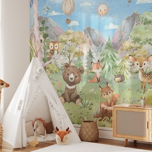 Carta da parati con animali della foresta, murale per cameretta dei bambini, arte murale del bosco