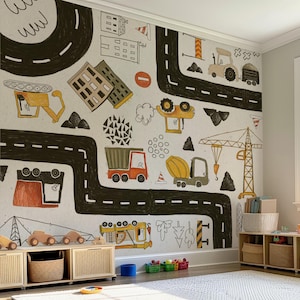 Carta da parati da costruzione per ragazzi, murale con camion e escavatori ad acquerello, stacca e attacca la stanza dei bambini, decorazione da parete per la cameretta dei bambini, carta da parati con veicoli