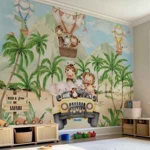 Carta da parati per bambini con animali da safari, murale personalizzato, acquerello, avventure con animali della giungla, murale per bambini, stacca e attacca
