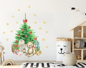 Christmas Tree wall sticker, Christmas nursery decoration, Bear wall decal, Forest animals decal, Kids room decor, Window sticker
