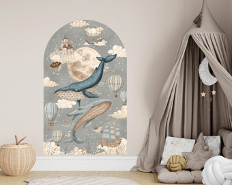 Ocean arch wall decal, Nursery wall sticker, Under the Sea, Watercolor whale, Hot air Balloons