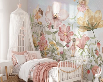 Fairy Nursery Wallpaper Watercolor Floral Wall Mural Peel And Stick Girls Room Wall Decor