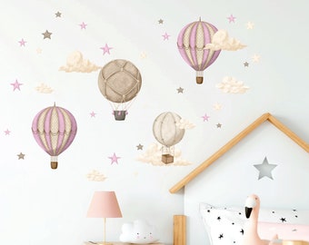 Décalque de mur de pépinière de ballon à air chaud, autocollant de mur de nuages et d'étoiles, décor de mur de chambre d'enfants