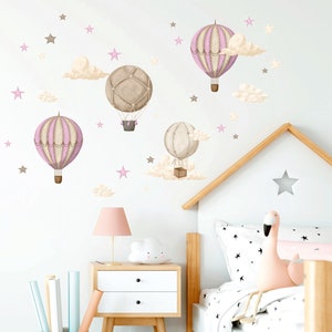 Hot air balloon Nursery wall decal, Clouds and stars wall sticker, Kids room wall decor