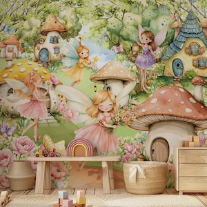Carta da parati per bambini con castello delle fate, foresta delle fate, stacca e attacca, decorazione da parete per la cameretta delle bambine, porta delle fate, carta da parati floreale