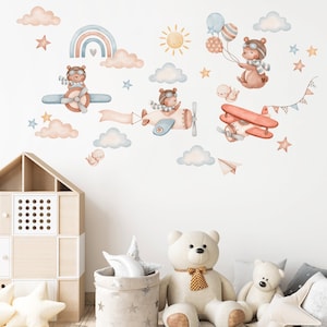 Personalised Teddy bear with air balloons, Nursery wall decal, Kids wall decal, Watercolor animals, Hot air balloon, Airplane wall sticker