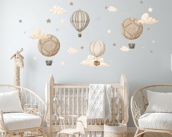 Hot air balloon Nursery wall decal, Clouds and stars wall sticker, Kids room wall decor