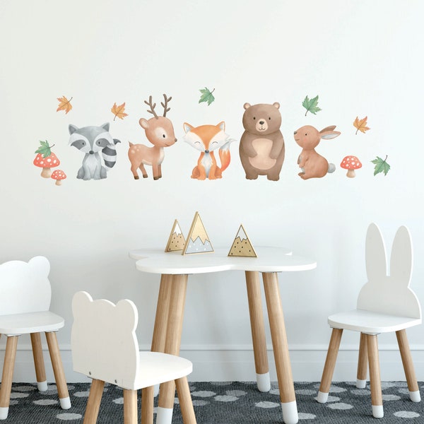 Forest Animals Nursery Wall Decal Sticker, Woodland Animals Wall Decal,  Watercolor Wall stickers for kids Raccoon Deer Fox Bear Rabbit