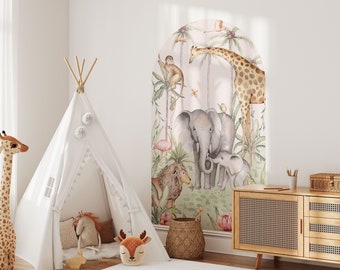 Sticker mural arche pour chambre d'animaux de safari, autocollant pour palmier, aquarelle, décoration pour chambre d'enfants, animaux tropicaux