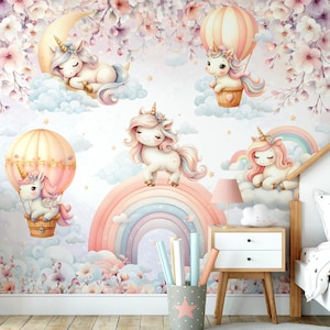Carta da parati per bambini con unicorno, arcobaleno, murale, camera delle bambine, decorazione magica, stacca e attacca
