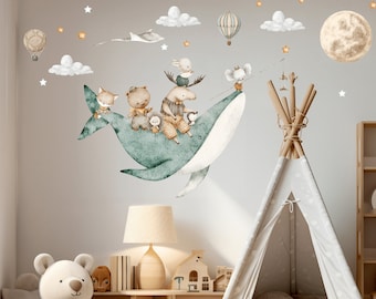 Sticker mural pour chambre d'enfant baleine, autocollants aquarelle d'animaux de la forêt, montgolfières, décoration pour chambre d'enfants, thème de la forêt