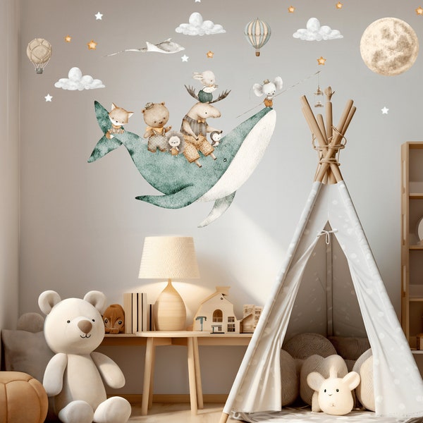 Whale Nursery Wall Decal Watercolor Forest Animal Stickers Hot air Balloons Kids room decor Woodland Theme