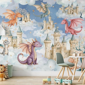 Carta da parati per bambini con drago, castello delle fate, cielo e nuvole, alberi della foresta, murale per bambini, acquerello, stacca e attacca