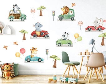 Safari dieren Kinderkamer muursticker, Transport muursticker, Voertuigen muursticker, Aquarel dieren, Jongens Auto's Muursticker