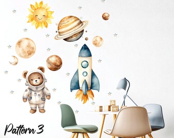 Autocollant mural de pépinière spatiale, animaux aquarelles, autocollants muraux planète, décalcomanie murale pour enfants,