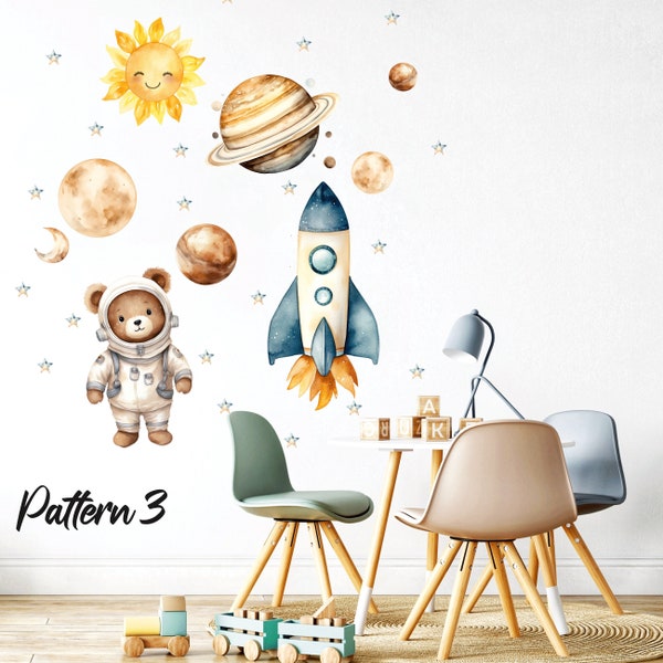 Space nursery wall sticker, Watercolor animals, Planet Wall Stickers, Wall decal for kids,