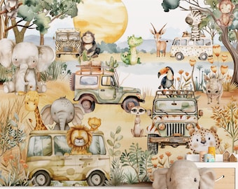 May include: A watercolour illustration of a safari scene with animals, including elephants, lions, giraffes, zebras, and monkeys, riding in safari vehicles. The scene is set against a backdrop of a yellow sun and green trees.