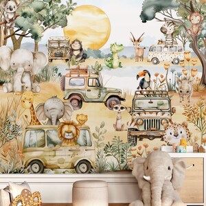 Carta da parati con animali del safari, decorazione da parete per cameretta dei bambini, murale con avventure nella giungla in acquerello, staccabile e attaccabile